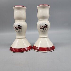 Pair Royal Seasons Stoneware Snowman Candlestick Holders Christmas Holiday Set 2